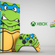 A picture of an Xbox Series X painted to look like Leonardo from Teenage Mutant Ninja Turtles.